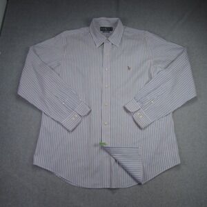 Ralph Lauren Dress Shirt Mens 17 34/35 Blue Pink Custom Fit Striped Button‎ Down